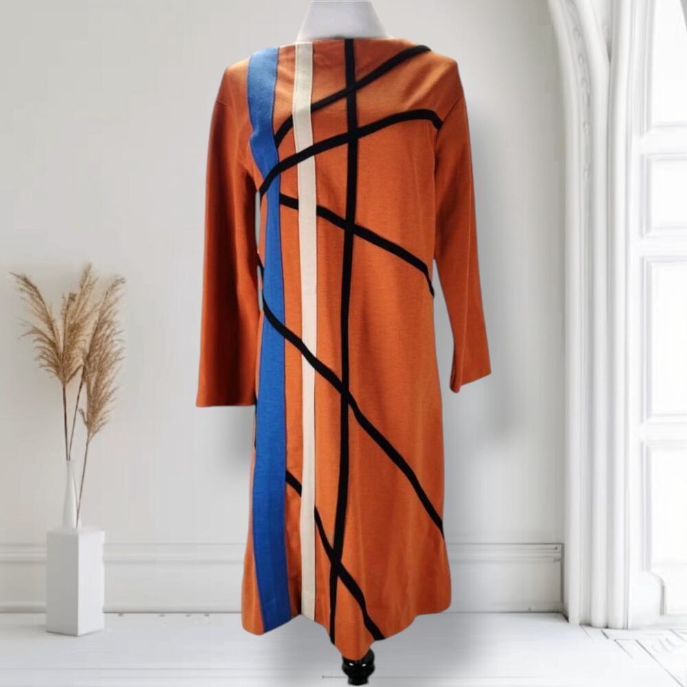 Vintage 60s Mod Op Art Dress M L Orange Geometric Colorblock GoGo Shift Maxi